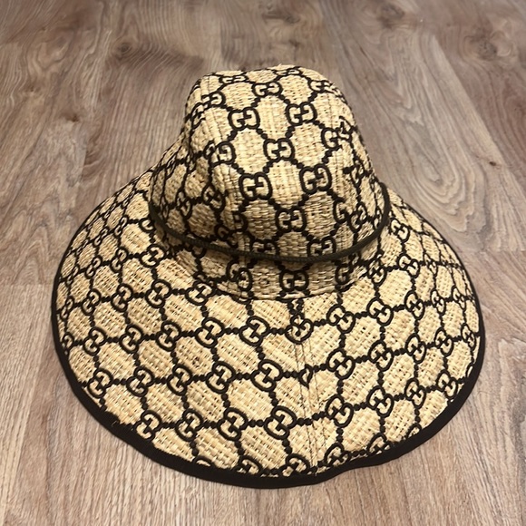 RARE Gucci GG Embroidered Monogram Wide Brim Raffia Hat - Picture 7 of 12